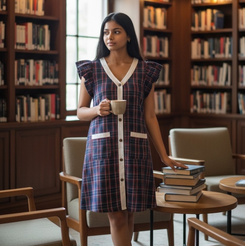 Classic Plaid Pattern Dress With Flutter Sleeves, Button Opening And Pockets